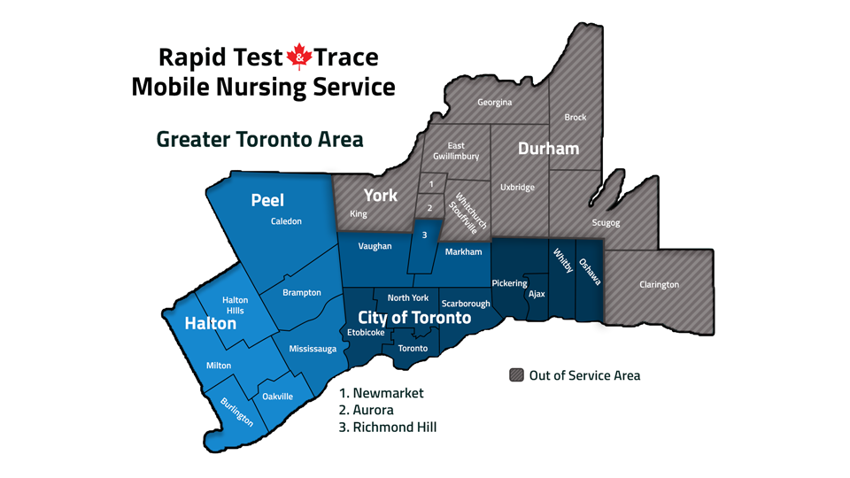 map of mobile nursing service area in Toronto GTA