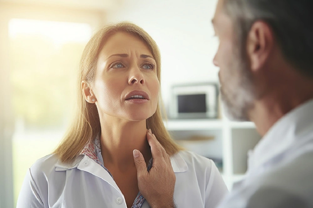 Woman with strep throat seeing a doctor 