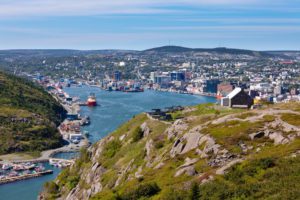 St. John's, capital of Newfoundland Labrador, NL, Canada, harbor and downtown seen from signal hill