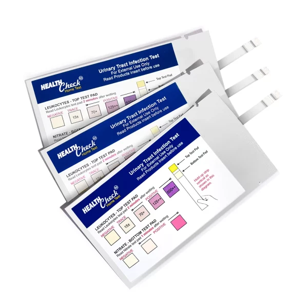 three urinary tract infection (UTI) test strips packages with the strip exposed