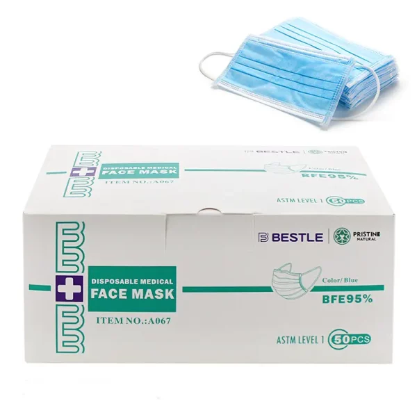 Box of disposable medical face masks, blue color.