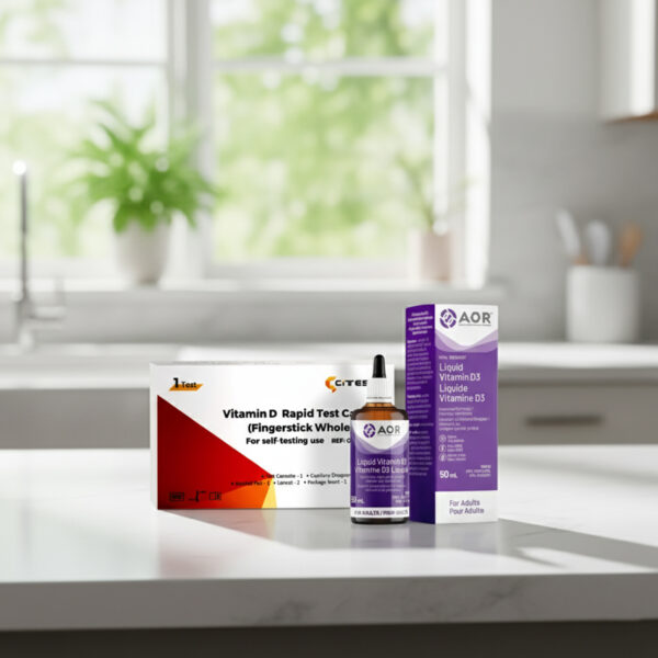 Vitamin D test kit and supplement on kitchen counter.